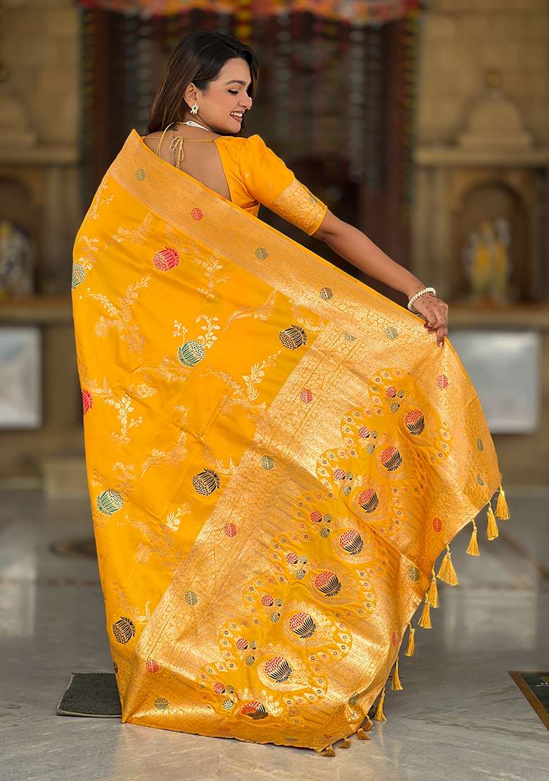 Yellow Weaving Work Silk Blend Saree Set for Diwali | Wedding & Festive Wear - Indya
