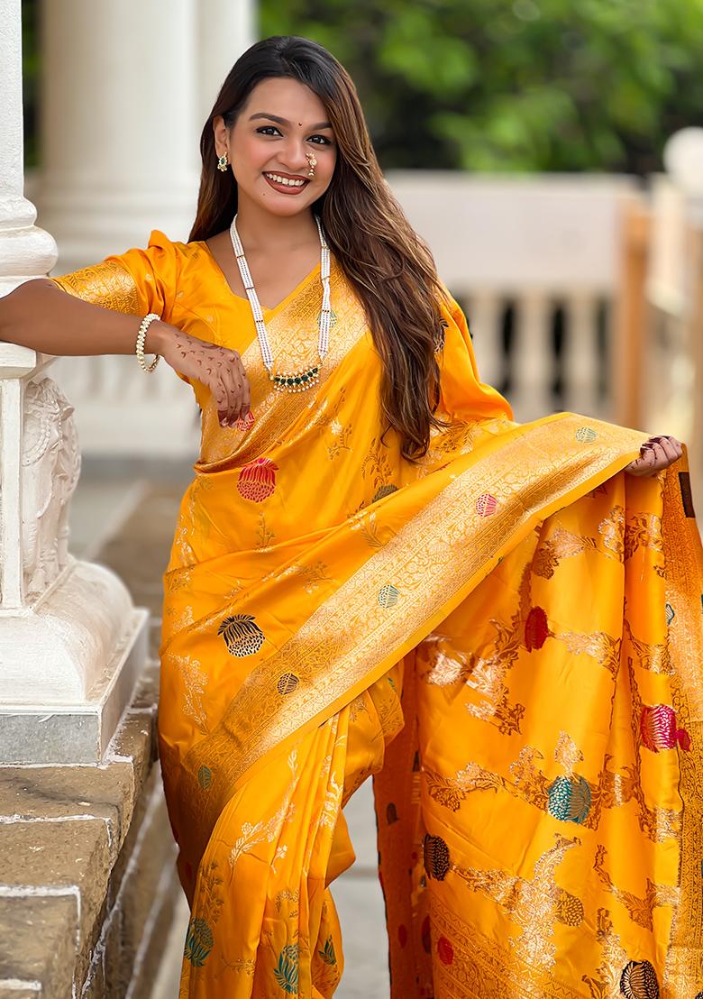 Yellow Weaving Work Silk Saree Set - Indya