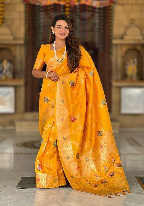 Yellow Weaving Work Silk Saree Set