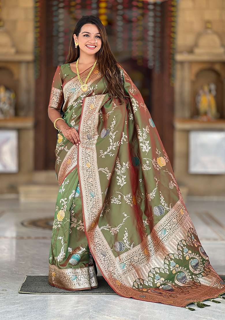 Mehandi Weaving Work Silk Blend Saree Set for Diwali | Wedding & Festive Wear - Indya