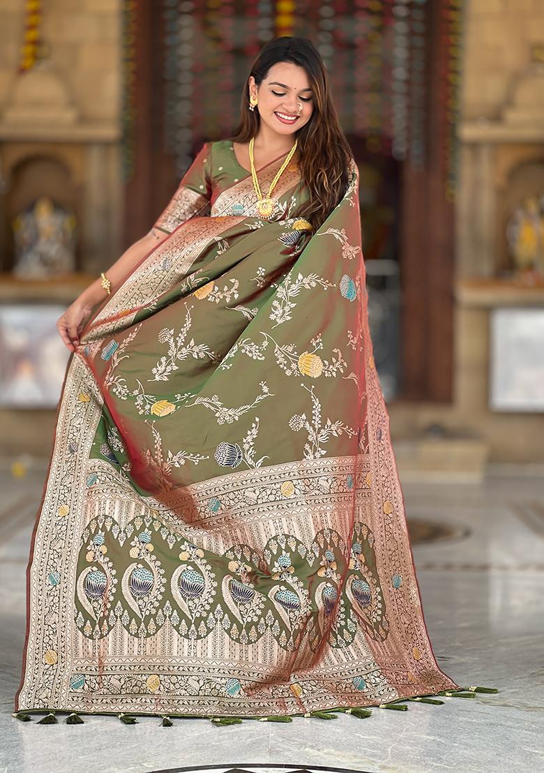Mehandi Weaving Work Silk Saree Set - Indya