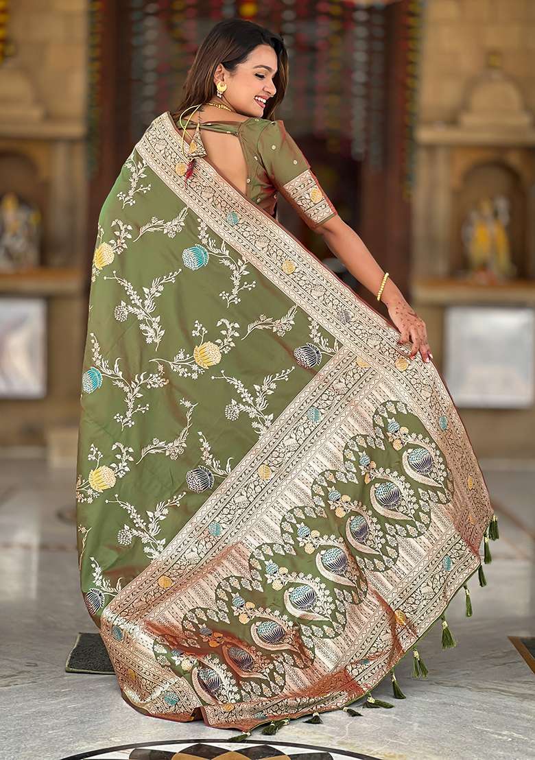 Mehandi Weaving Work Silk Blend Saree Set for Diwali | Wedding & Festive Wear - Indya