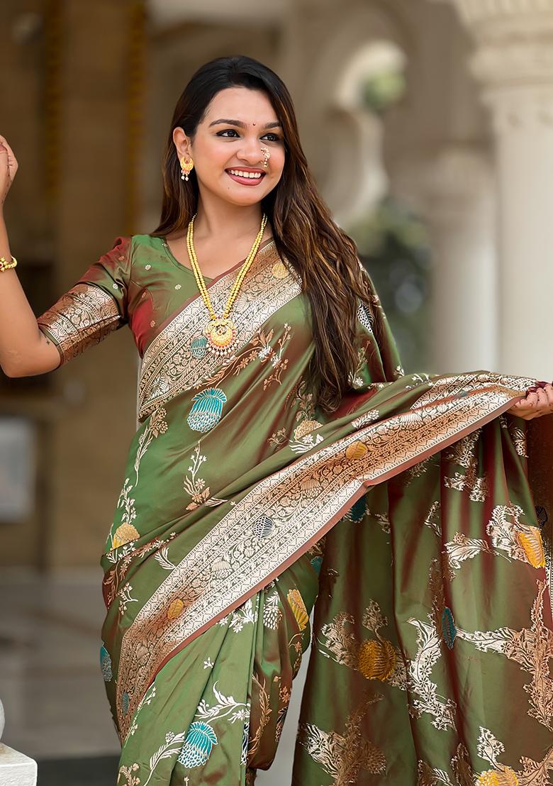 Mehandi Weaving Work Silk Saree Set - Indya