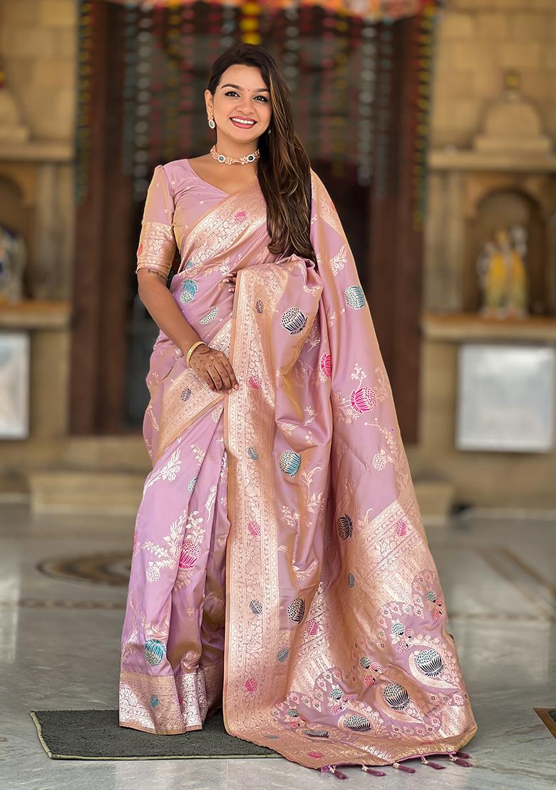 Lavender Weaving Work Silk Saree Set - Indya