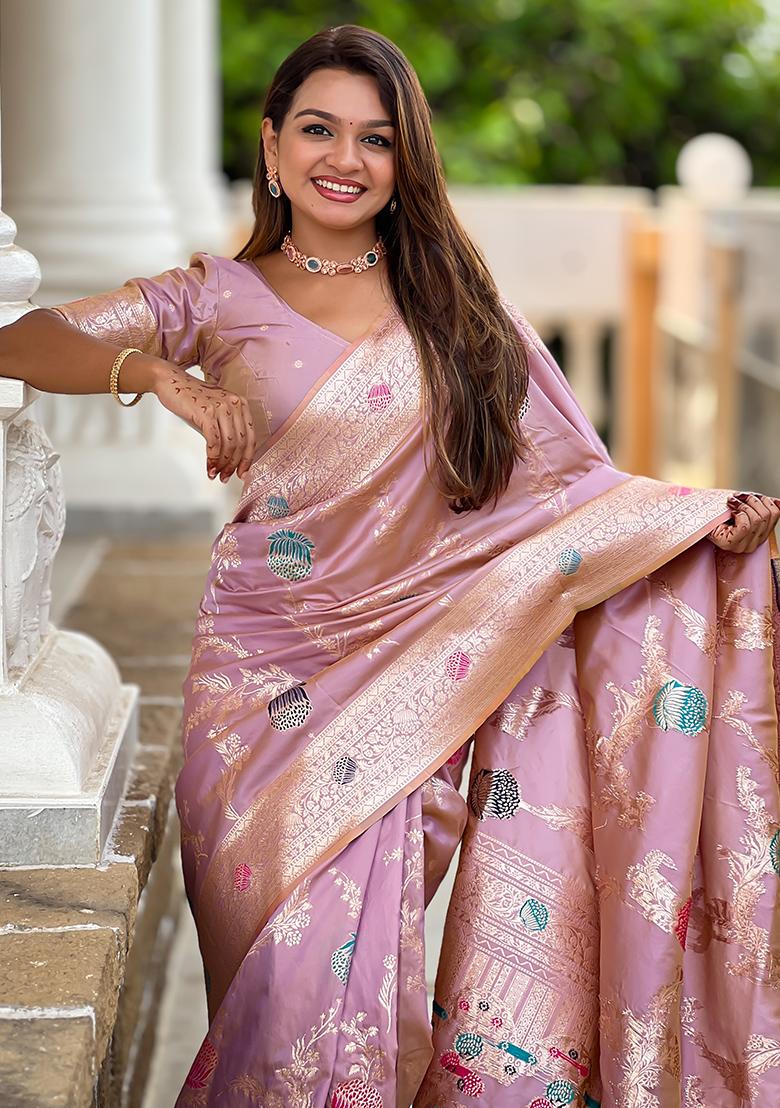 Lavender Weaving Work Silk Saree Set - Indya