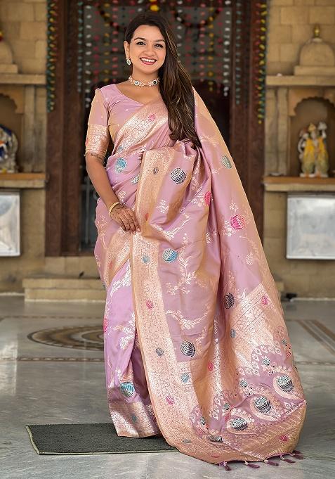 Lavender Weaving Work Silk Saree Set