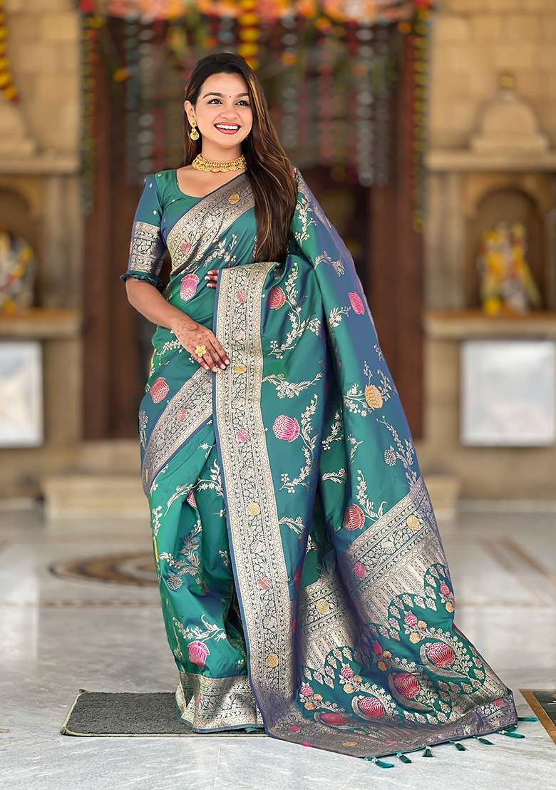 Aqua Weaving Work Silk Blend Saree Set for Diwali and Festive Wear - Indya