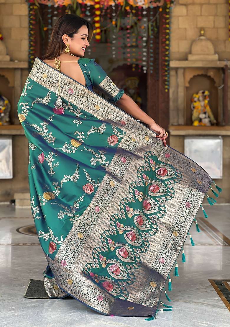 Aqua Weaving Work Silk Blend Saree Set for Diwali and Festive Wear - Indya