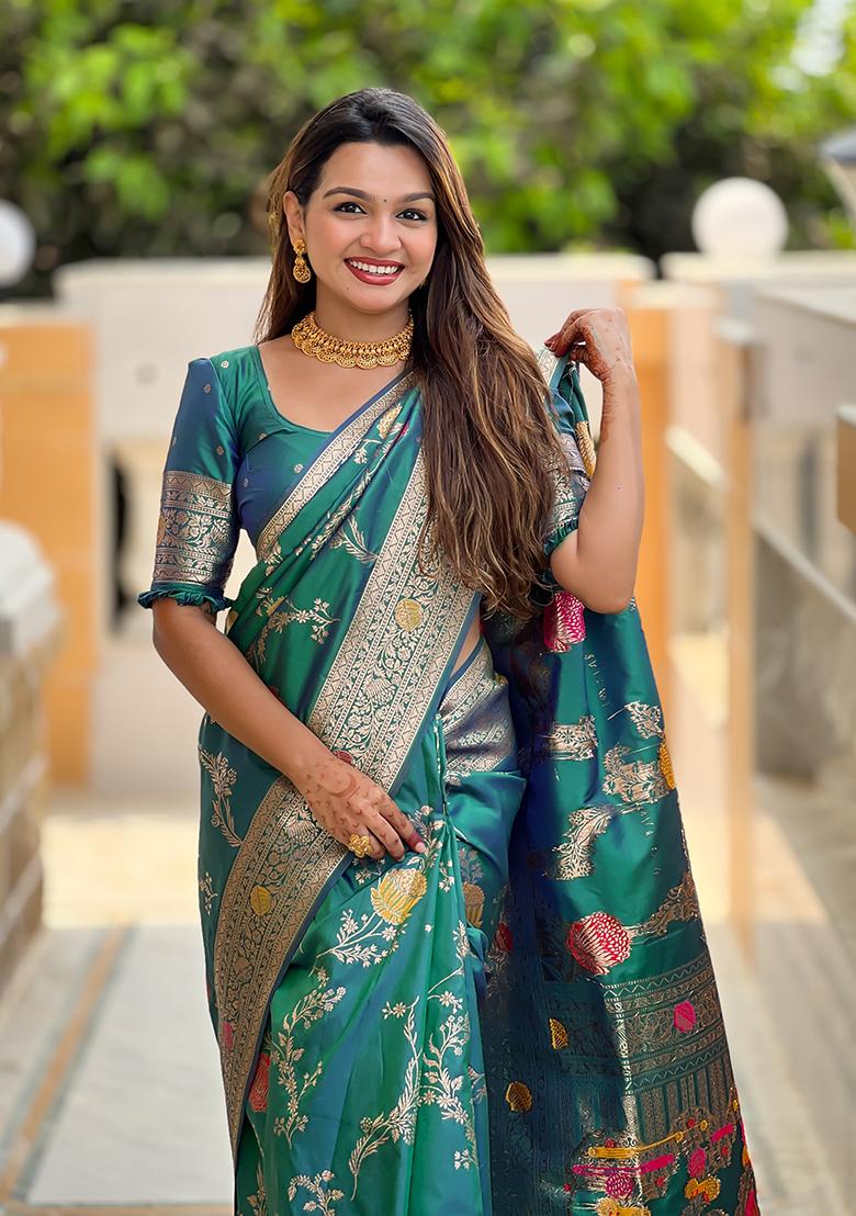 Aqua Weaving Work Silk Saree Set - Indya