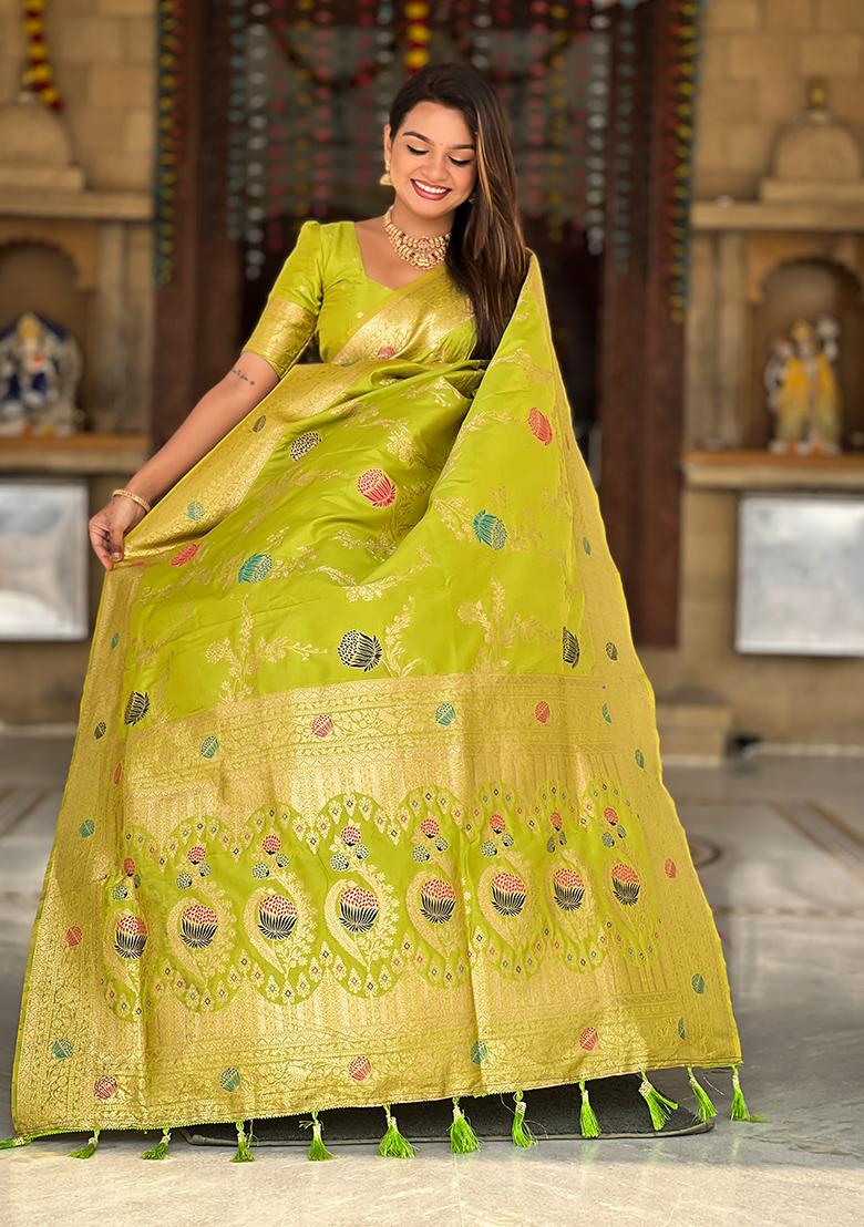 Perrot Green Weaving Work Silk Saree Set - Indya