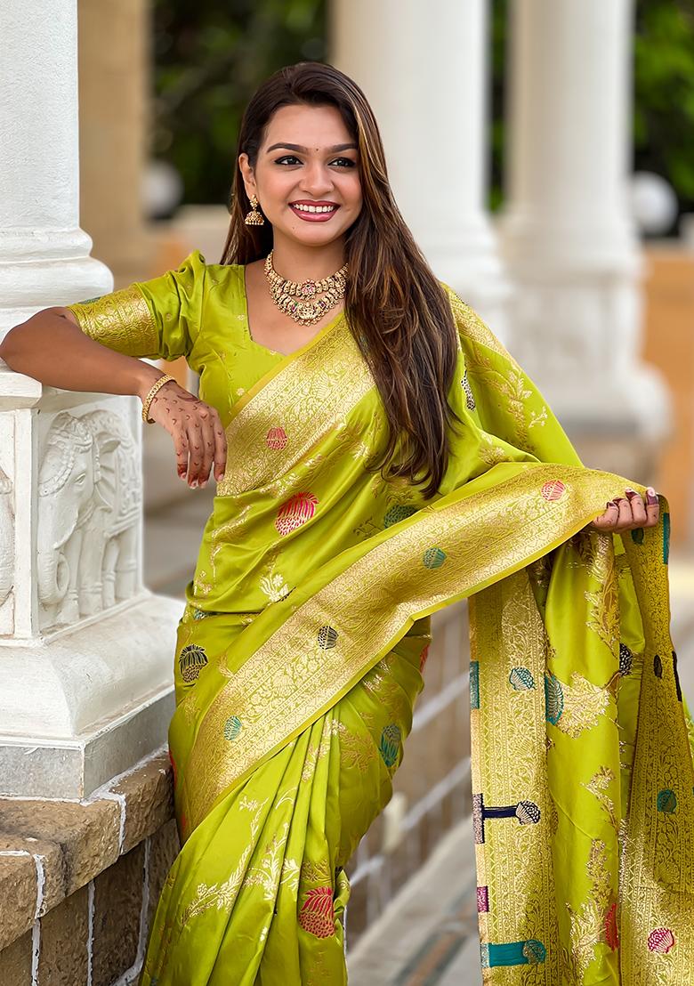 Perrot Green Weaving Work Silk Saree Set - Indya