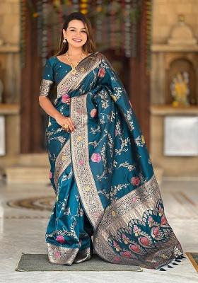 More Peach Weaving Work Silk Saree Set