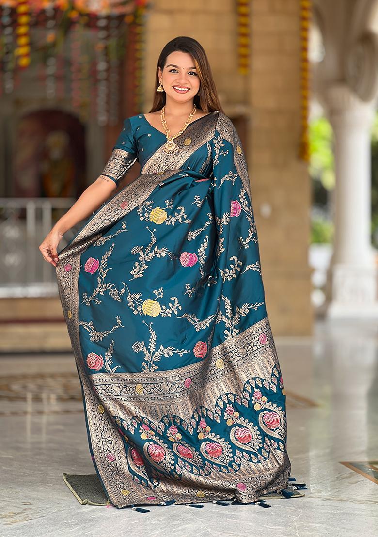 More Peach Weaving Work Silk Saree Set - Indya