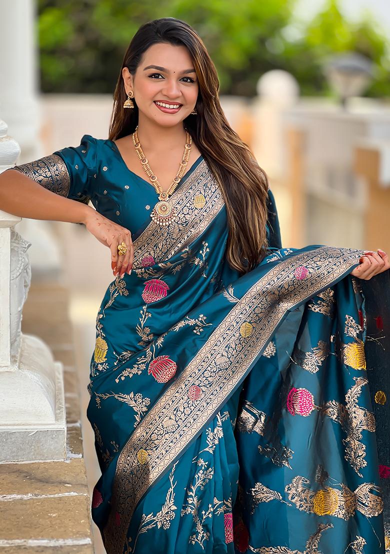 More Peach Weaving Work Silk Saree Set - Indya