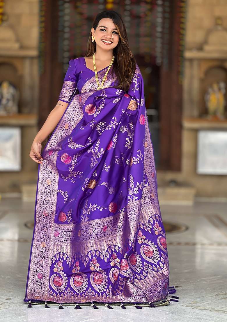 Purple Weaving Work Silk Blend Saree Set for Diwali and Festive Wear - Indya