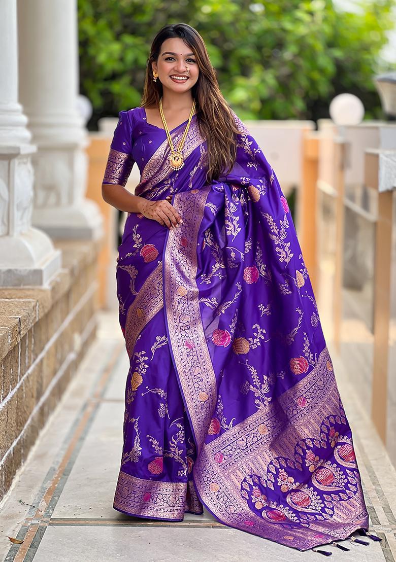 Purple Weaving Work Silk Saree Set - Indya