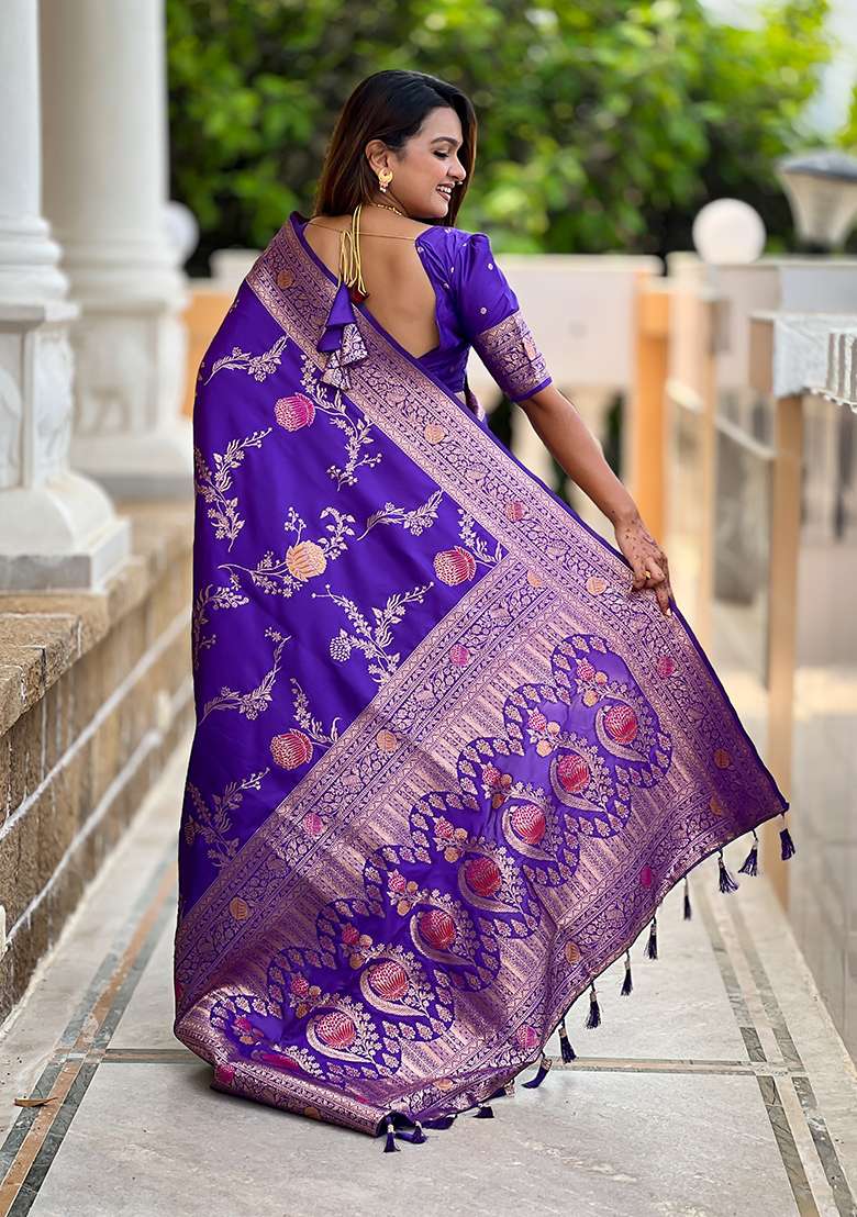 Purple Weaving Work Silk Blend Saree Set for Diwali and Festive Wear - Indya