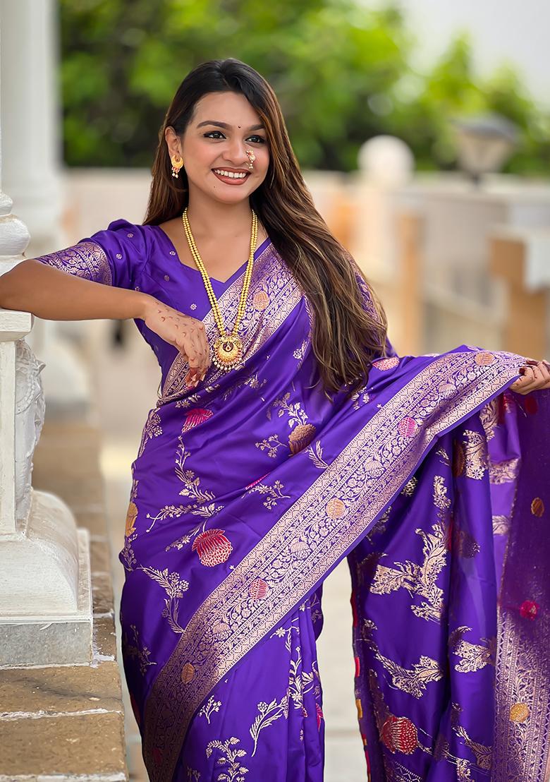 Purple Weaving Work Silk Saree Set - Indya