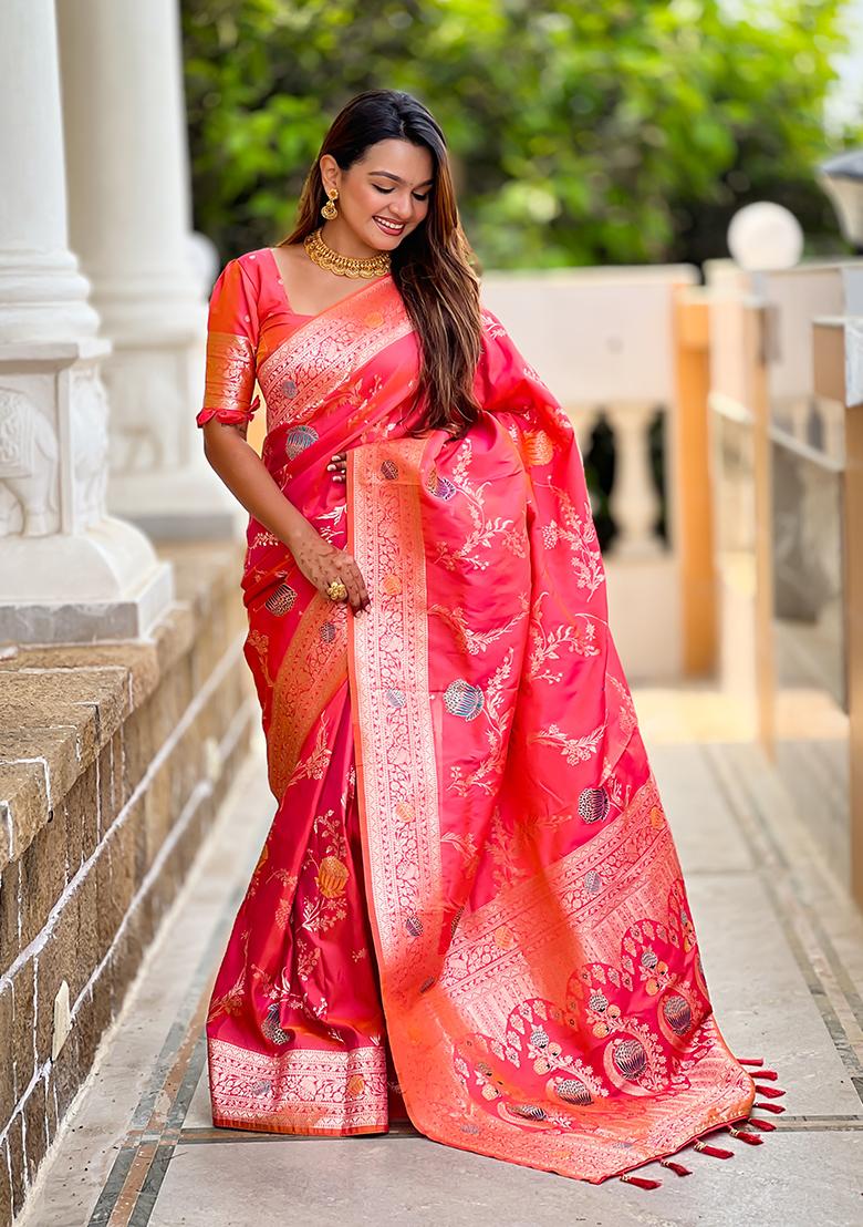 Gajri Weaving Work Silk Saree Set - Indya