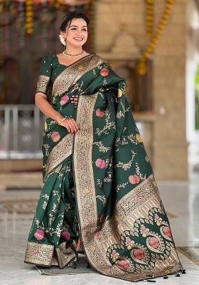 Bottle Green Weaving Work Silk Saree Set