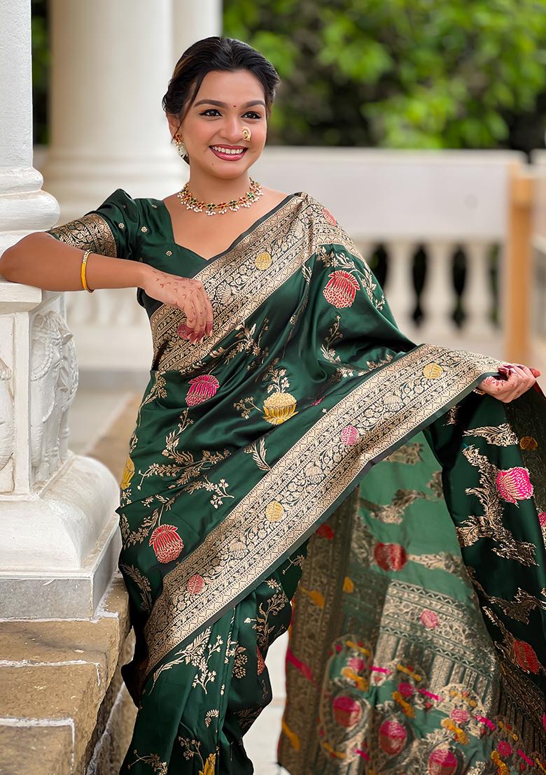 Bottle Green Weaving Work Silk Saree Set - Indya