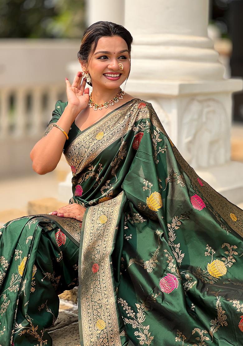 Bottle Green Weaving Work Silk Saree Set - Indya