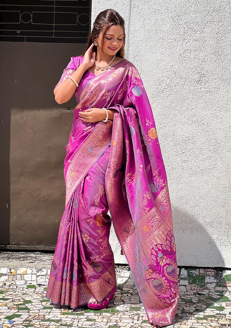 Onion Weaving Work Silk Saree Set - Indya
