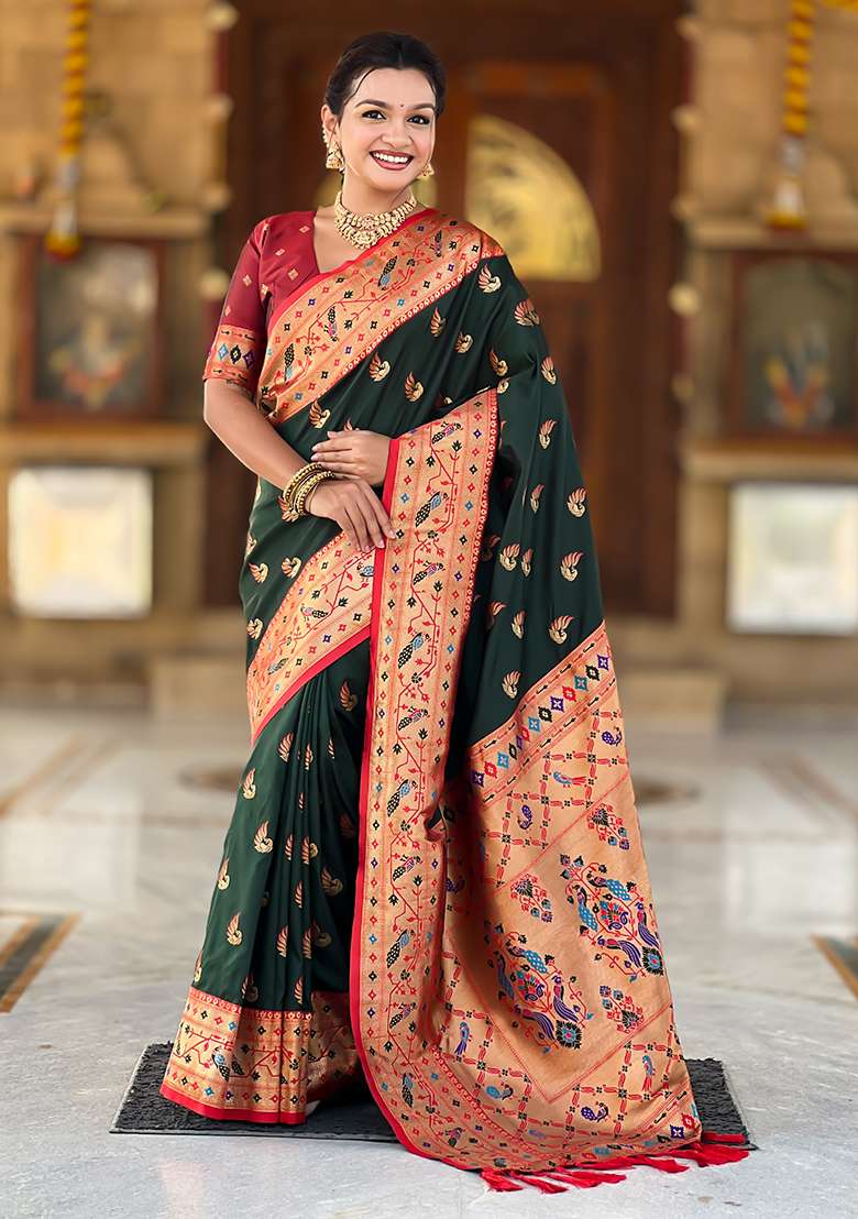 Bottle Green Weaving Work Silk Blend Saree Set for Diwali | Wedding & Festive Wear - Indya