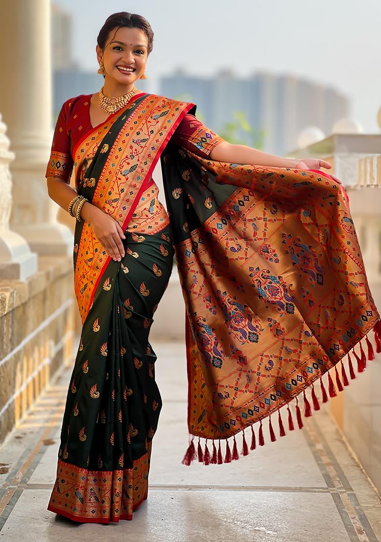 Bottle Green Weaving Work Silk Saree Set - Indya