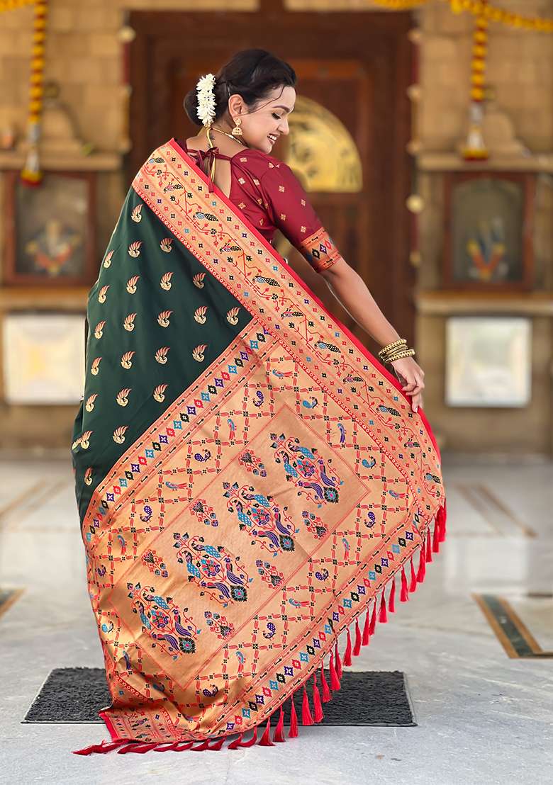 Bottle Green Weaving Work Silk Blend Saree Set for Diwali | Wedding & Festive Wear - Indya