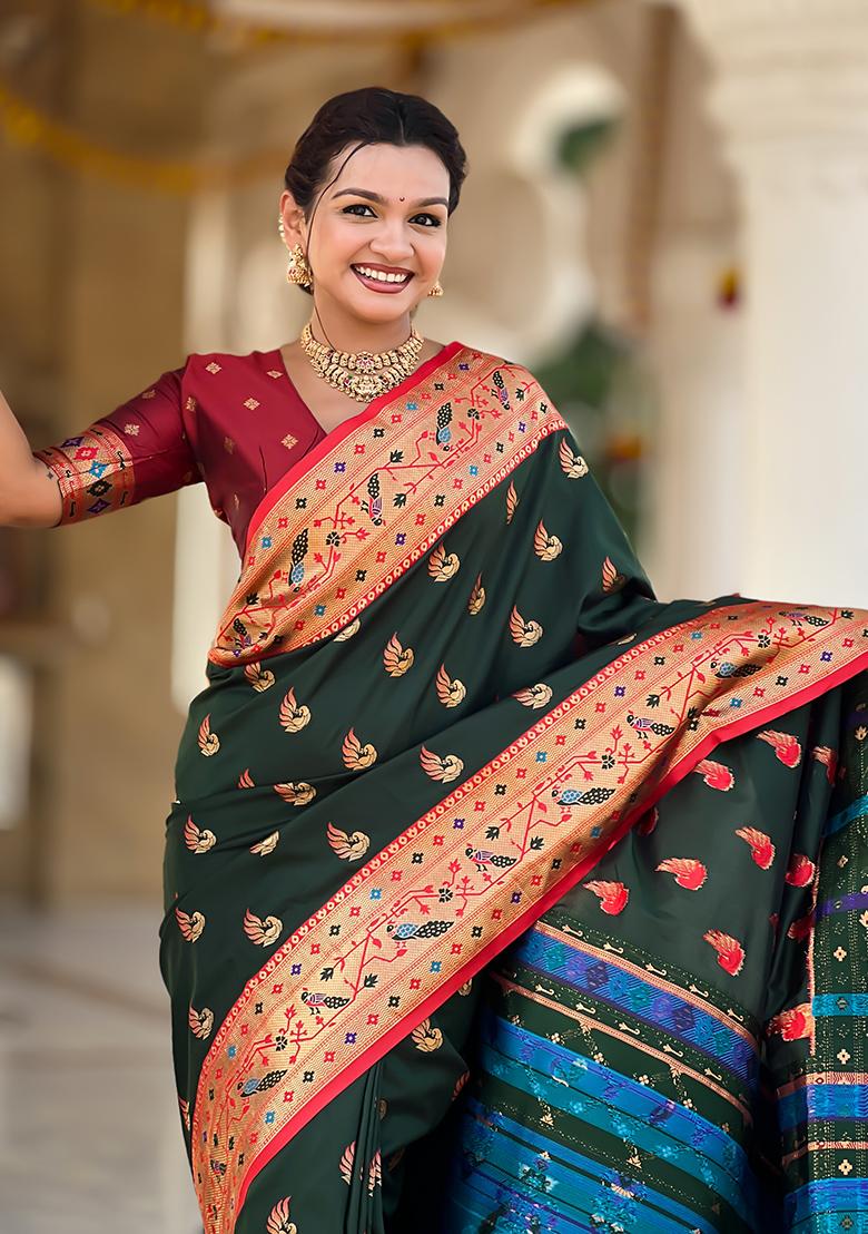 Bottle Green Weaving Work Silk Saree Set - Indya