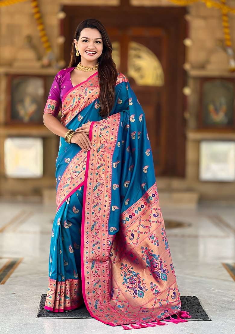 Firozi Weaving Work Silk Blend Saree Set for Diwali and Festive Wear - Indya