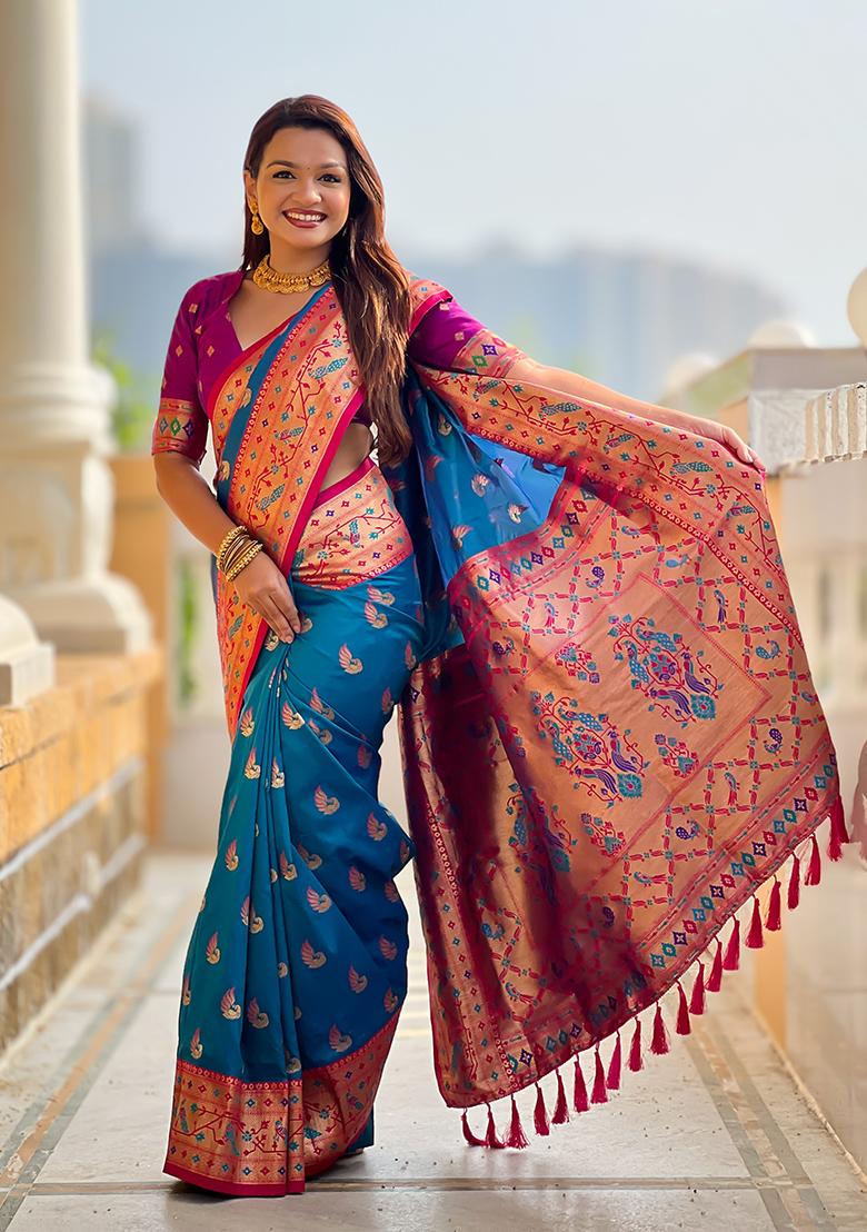 Firozi Weaving Work Silk Saree Set - Indya