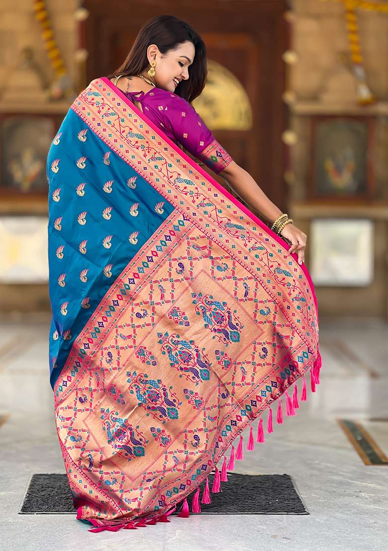 Firozi Weaving Work Silk Blend Saree Set for Diwali and Festive Wear - Indya
