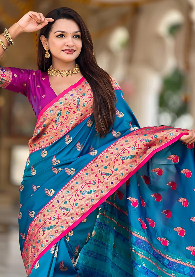 Firozi Weaving Work Silk Saree Set - Indya