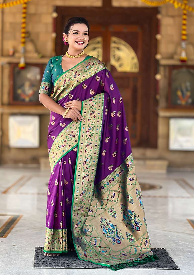 Magenta Weaving Work Silk Blend Saree Set for Diwali and Festive Wear - Indya