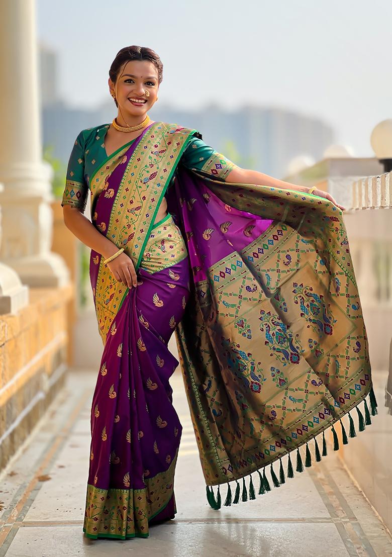 Magenta Weaving Work Silk Saree Set - Indya