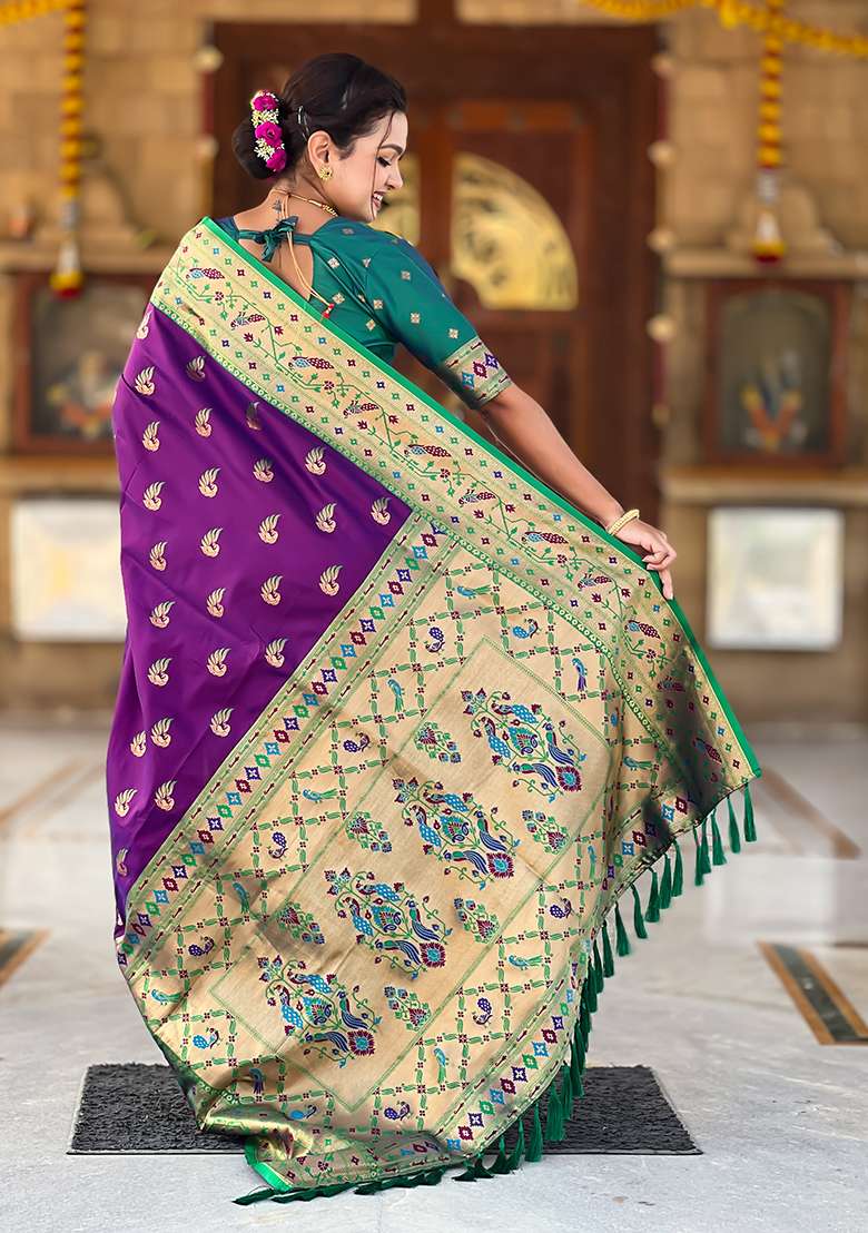 Magenta Weaving Work Silk Blend Saree Set for Diwali and Festive Wear - Indya