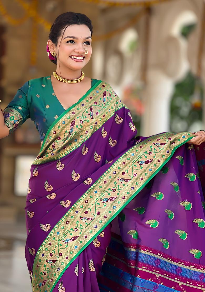 Magenta Weaving Work Silk Saree Set - Indya