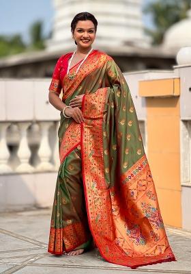 Mehandi Weaving Work Silk Saree Set