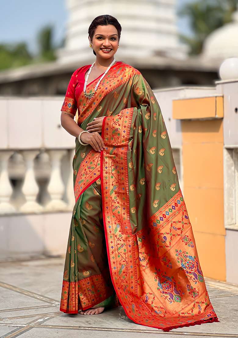 Mehandi Weaving Work Silk Blend Saree Set for Diwali and Festive Wear - Indya