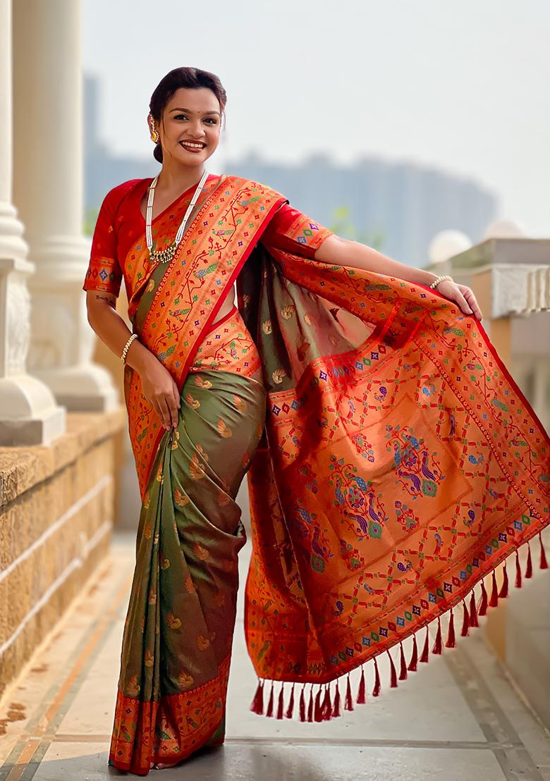 Mehandi Weaving Work Silk Saree Set - Indya