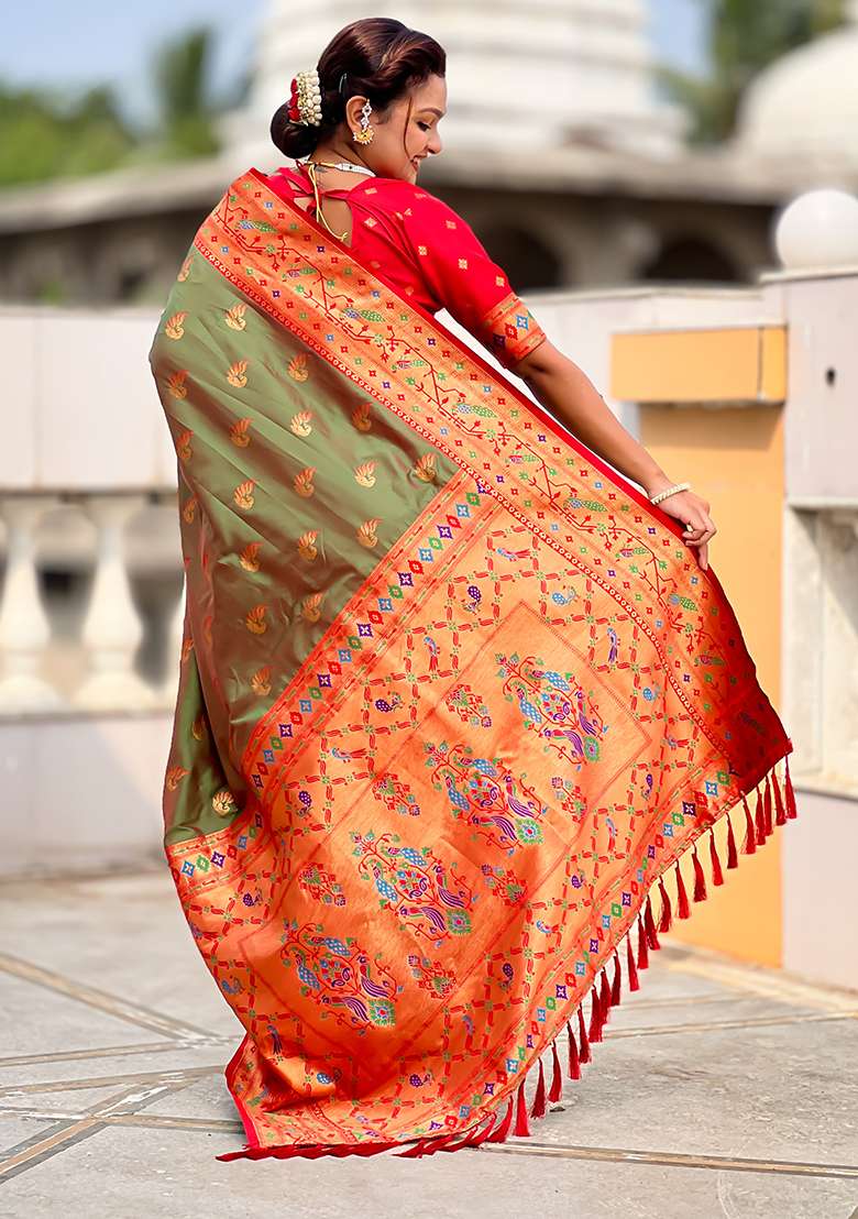 Mehandi Weaving Work Silk Blend Saree Set for Diwali and Festive Wear - Indya