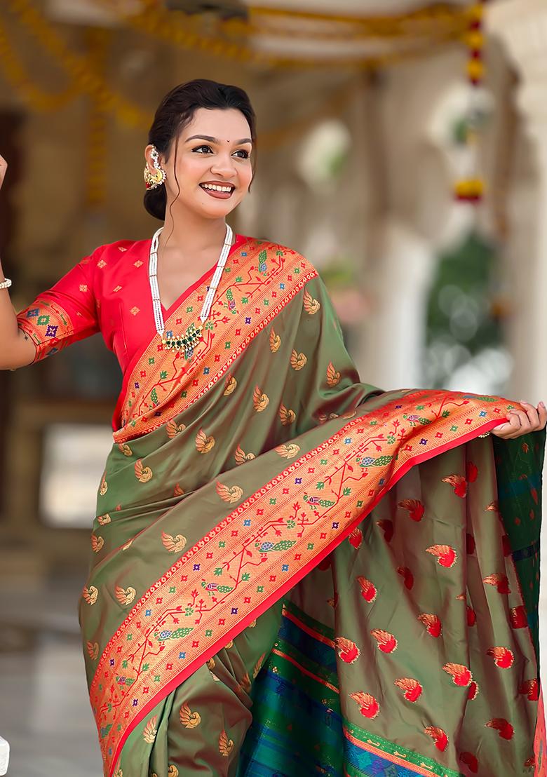 Mehandi Weaving Work Silk Saree Set - Indya