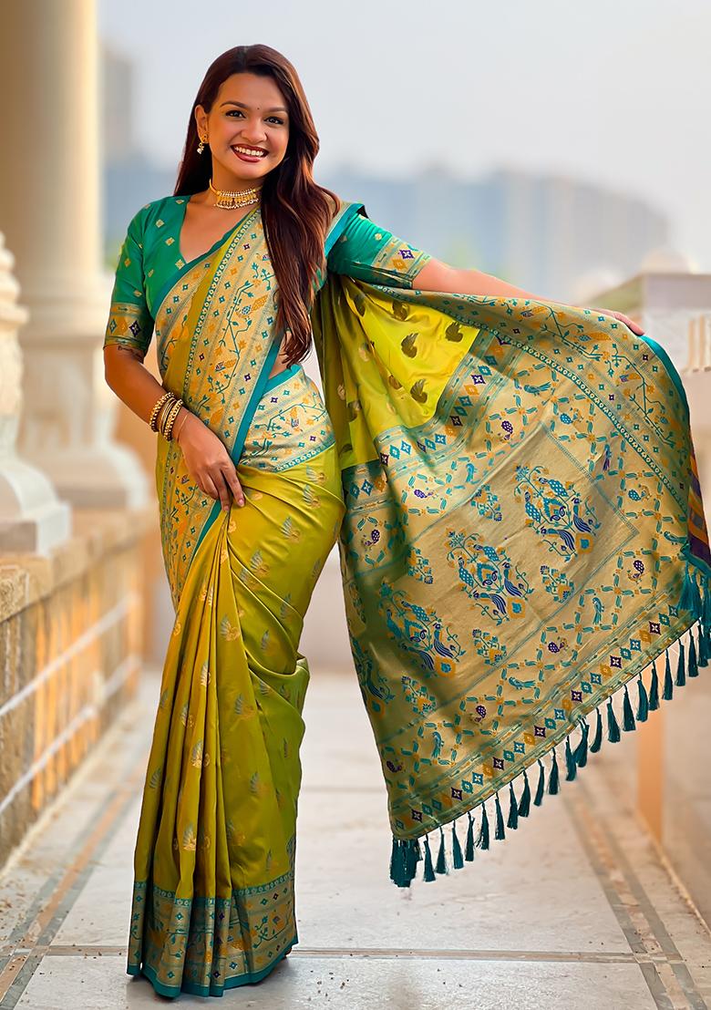 Perrot Green Weaving Work Silk Saree Set - Indya