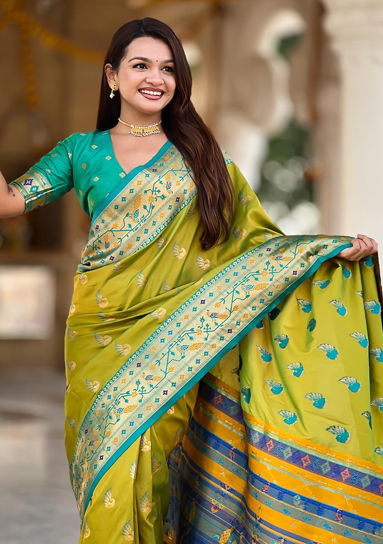 Perrot Green Weaving Work Silk Saree Set - Indya