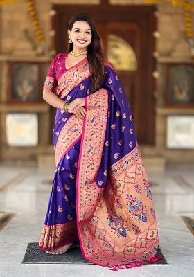 Blue Weaving Work Silk Blend Saree Set