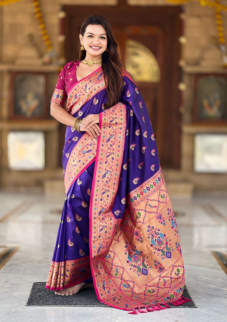 Blue Weaving Work Silk Blend Saree Set for Diwali | Wedding & Festive Wear - Indya