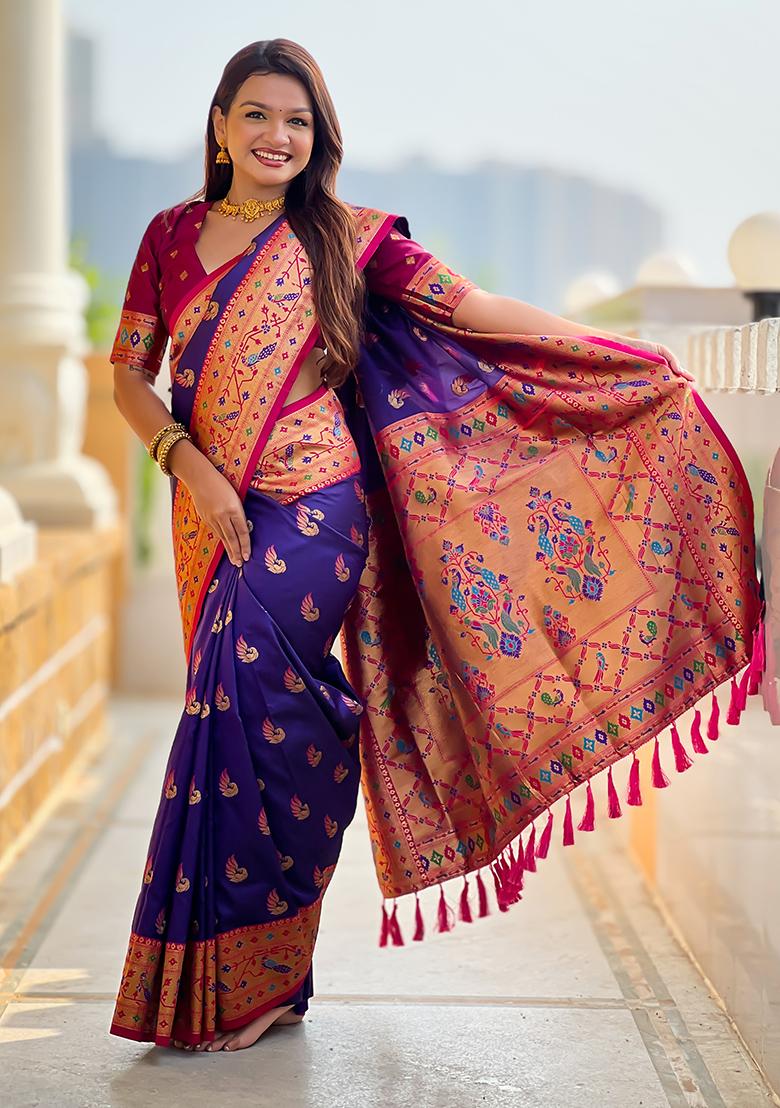 Blue Weaving Work Silk Saree Set - Indya