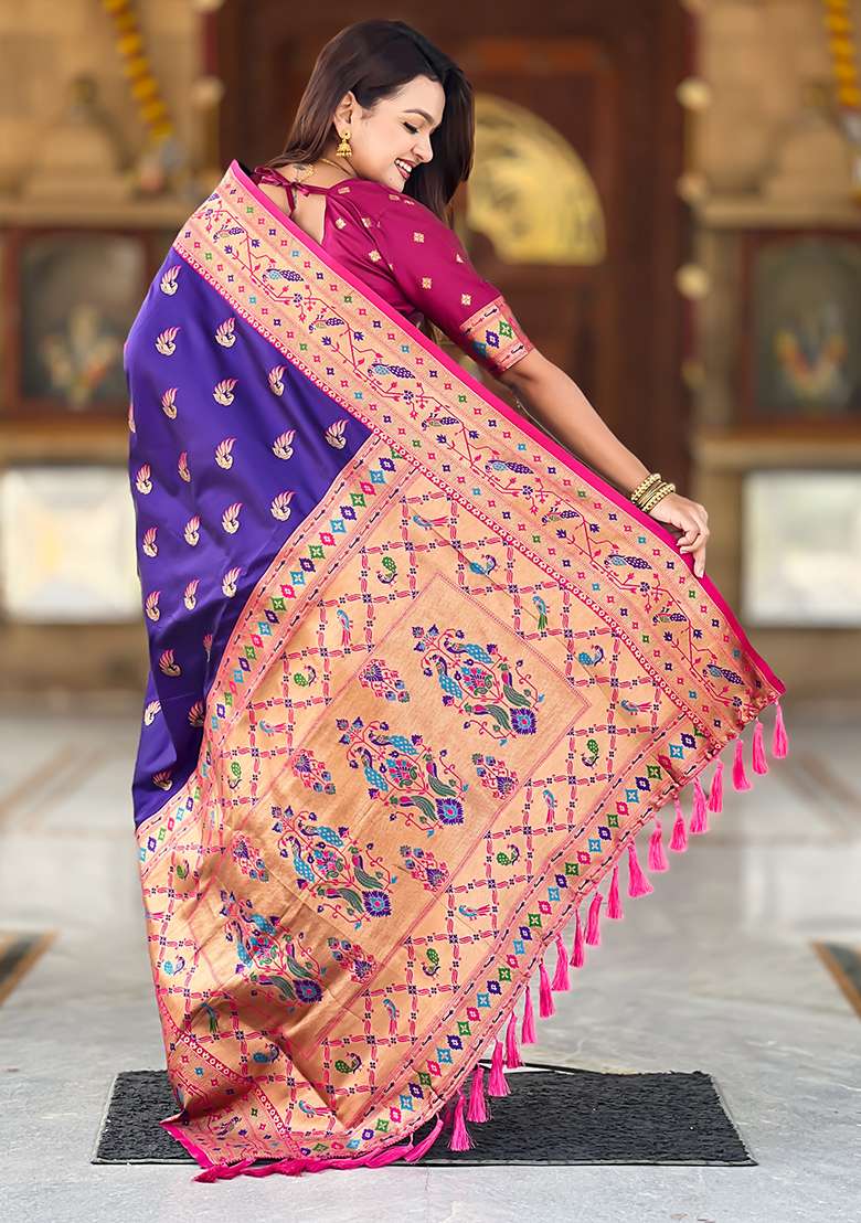 Blue Weaving Work Silk Blend Saree Set for Diwali | Wedding & Festive Wear - Indya